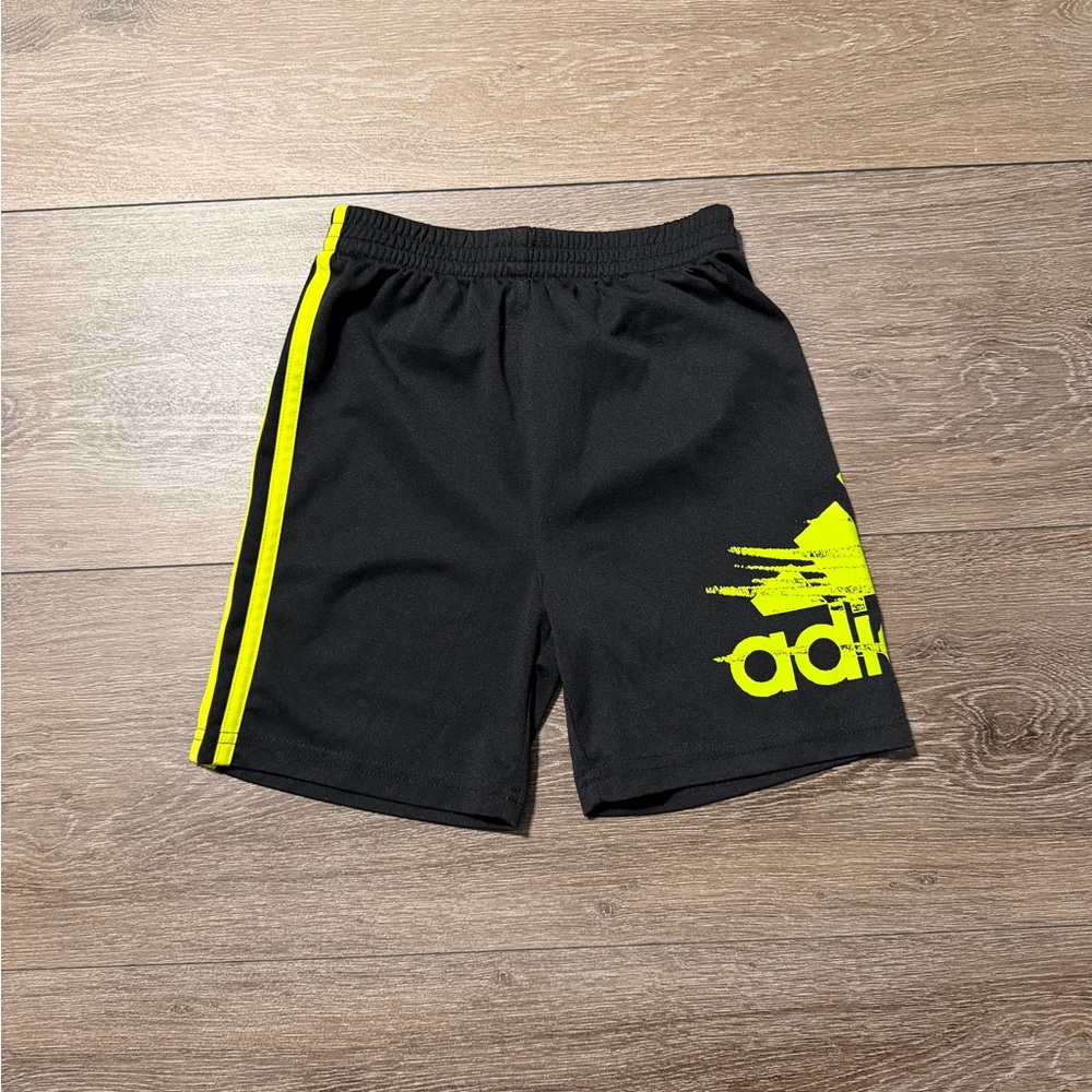 Boys Adidas Black Shorts with Neon Yellow Stripes Size 6